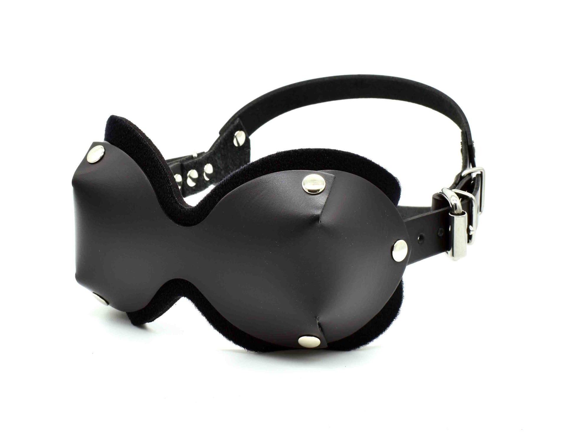 The leather Ultimate Blindfold, front and left side view.