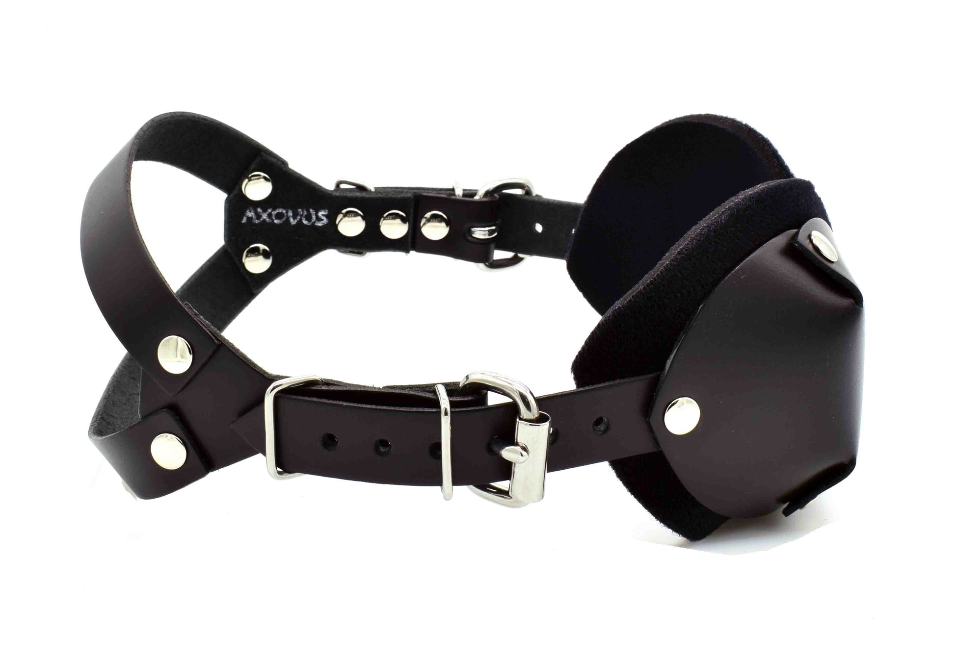 The leather Ultimate Blindfold, right side view.
