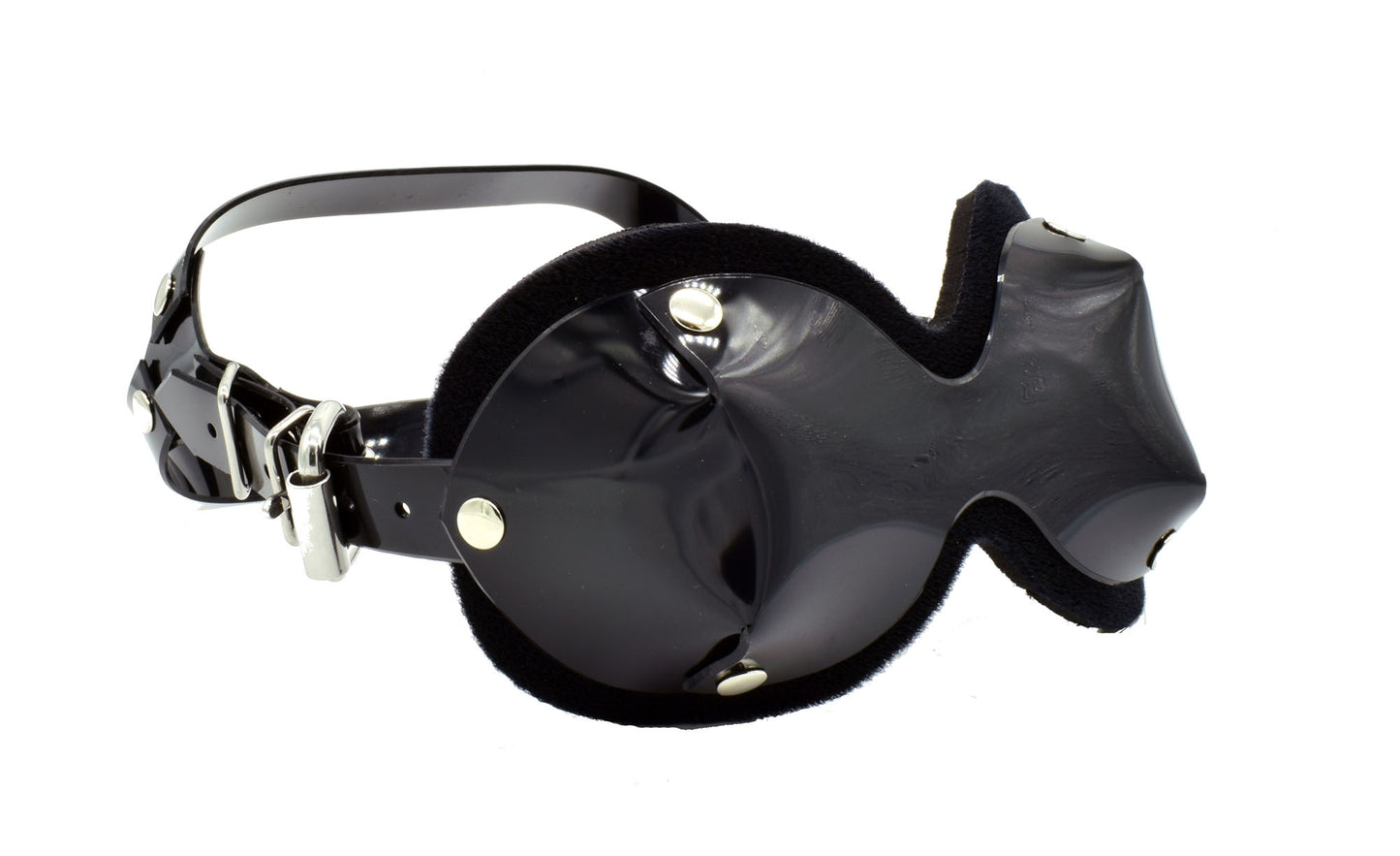 The PVC Ultimate Blindfold, front and right side view.