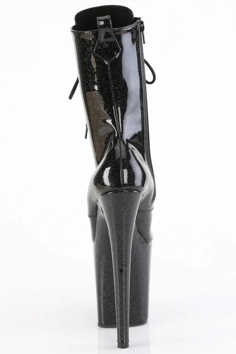 The back of the black Flamingo 8" Heel Glitter Vinyl Ankle Boot.