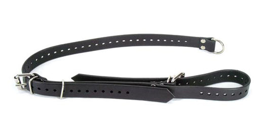 Full view of black leather bed tie down with closures, o-ring, and eyelets for sizing.
