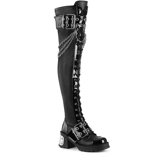 latform Over-The-Knee Boot, Featuring Double Buckle Strap W/ Eyelet Detail W/ Oversize Metal Horseshoe Ring Featuring Hanging Chain Detal, Full Inner Side Metal Zip Closure