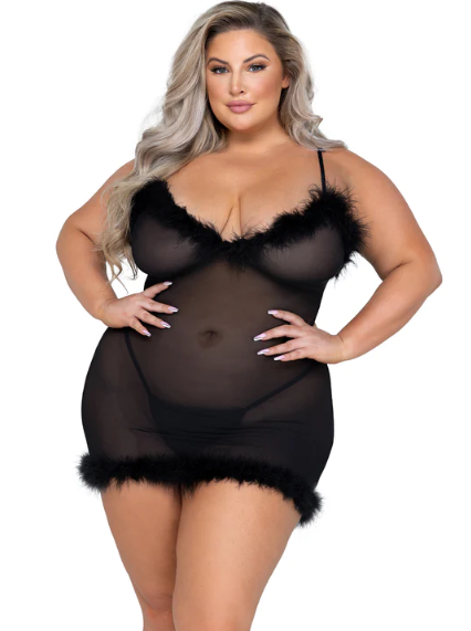 A model wearing the plus size Afterhours Marabou Trimmed Chemise, front view.