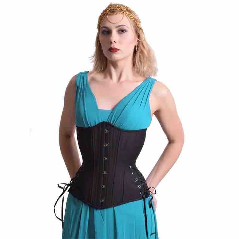 A model wearing the Black Cotton Cashmere Longline Underbust Corset - Hourglass over an aqua blue dress, front view.