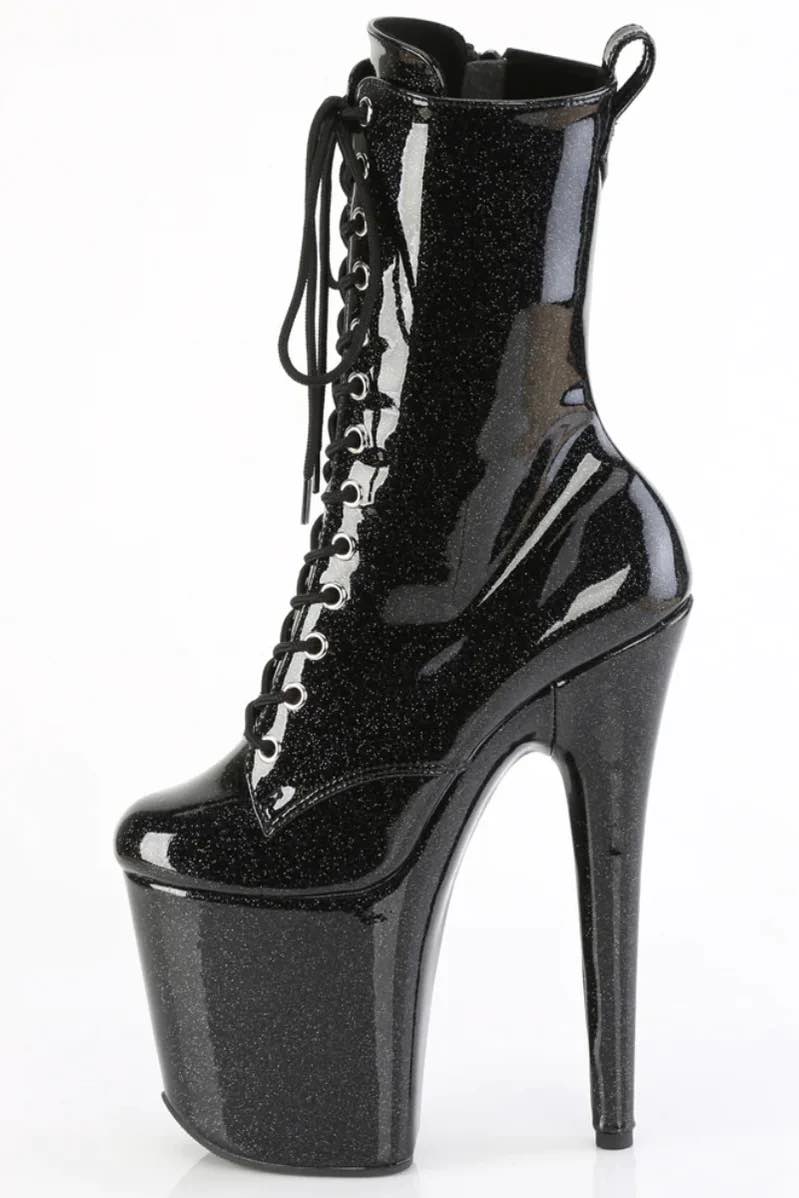 The left side of the black Flamingo 8" Heel Glitter Vinyl Ankle Boot.