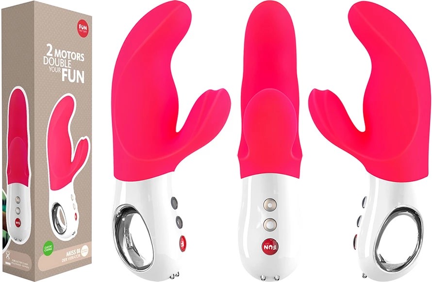 Three different views of the pink Miss Bi Vibrator and its packaging.