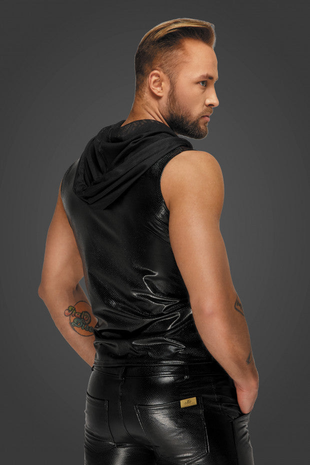 A model wearing the Sleeveless Hooded Snakeskin Wetlook Shirt, rear view view.