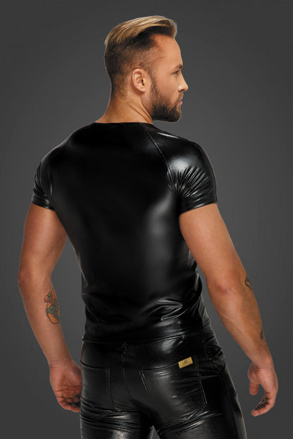 A model wearing the Wetlook T-Shirt with Snakeskin Sleeves, rear view.