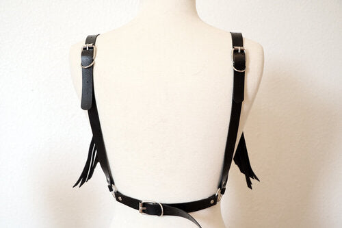 Adjustable Black Leather Fringe Harness