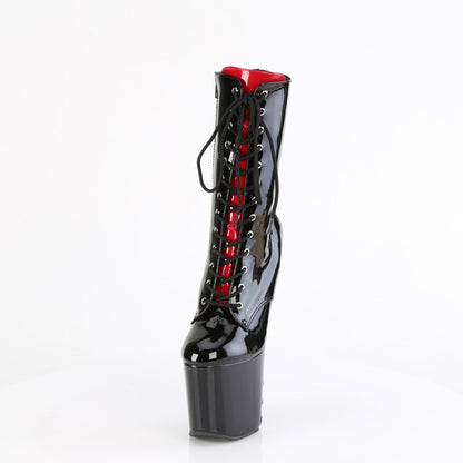8" (200mm) Heelless, 3" (76mm) Platform Two Tone Lace-Up Front Ankle Boots Featuring Corset Style Lacing on Platform Underside & at the Back, Inner Side Zip Closure.