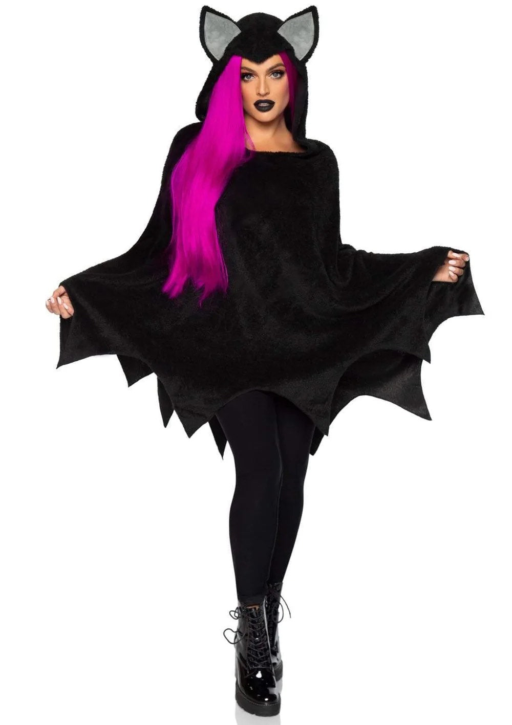 A model wearing the Bat Poncho over black leggings and black shoes, front view.