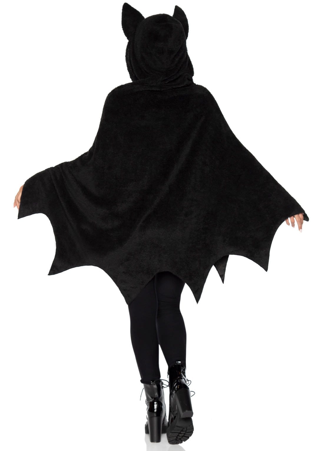 A model wearing the Bat Poncho over black leggings and black shoes, rear view.