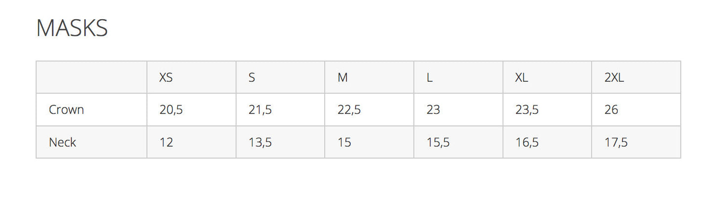 The size chart for the The back zipper of the Latex Hood with Nose Holes & Open Mouth.