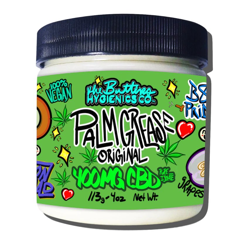 A 4oz jar of The Butters Palm Grease with CBD.