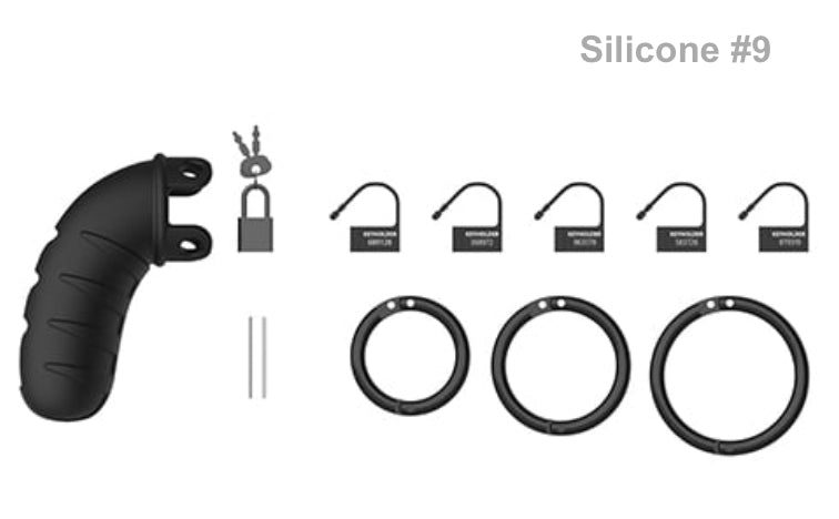 The black silicone Mancage Chastity Device model #9 with all of its attachments.