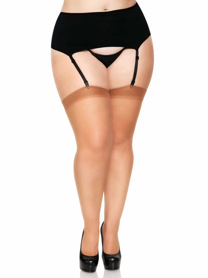 A model wearing the beige plus size Classic Sheer Stockings.