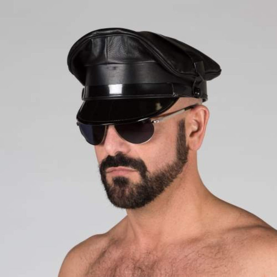Front view of black prowler leather military cap.