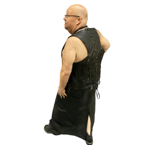 back of model wearing front & back lace cowhide bar vest