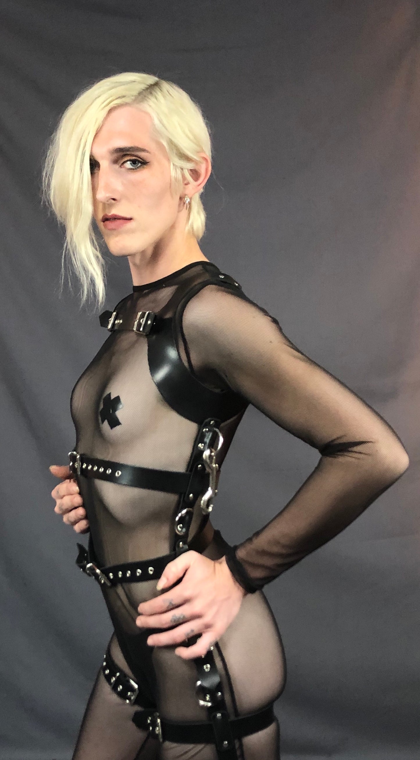 Black Cowhide Catsuit Body HarnessSide D ring detail