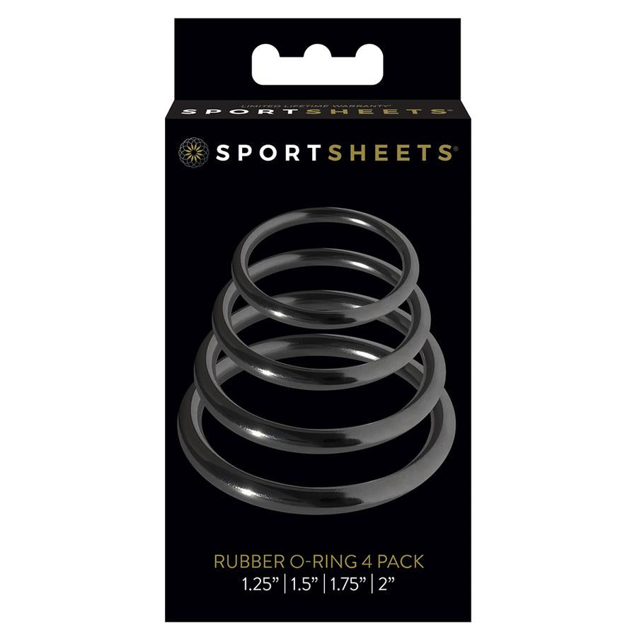 The front of the packaging for the 4 pack Basic Rubber Cock Ring.