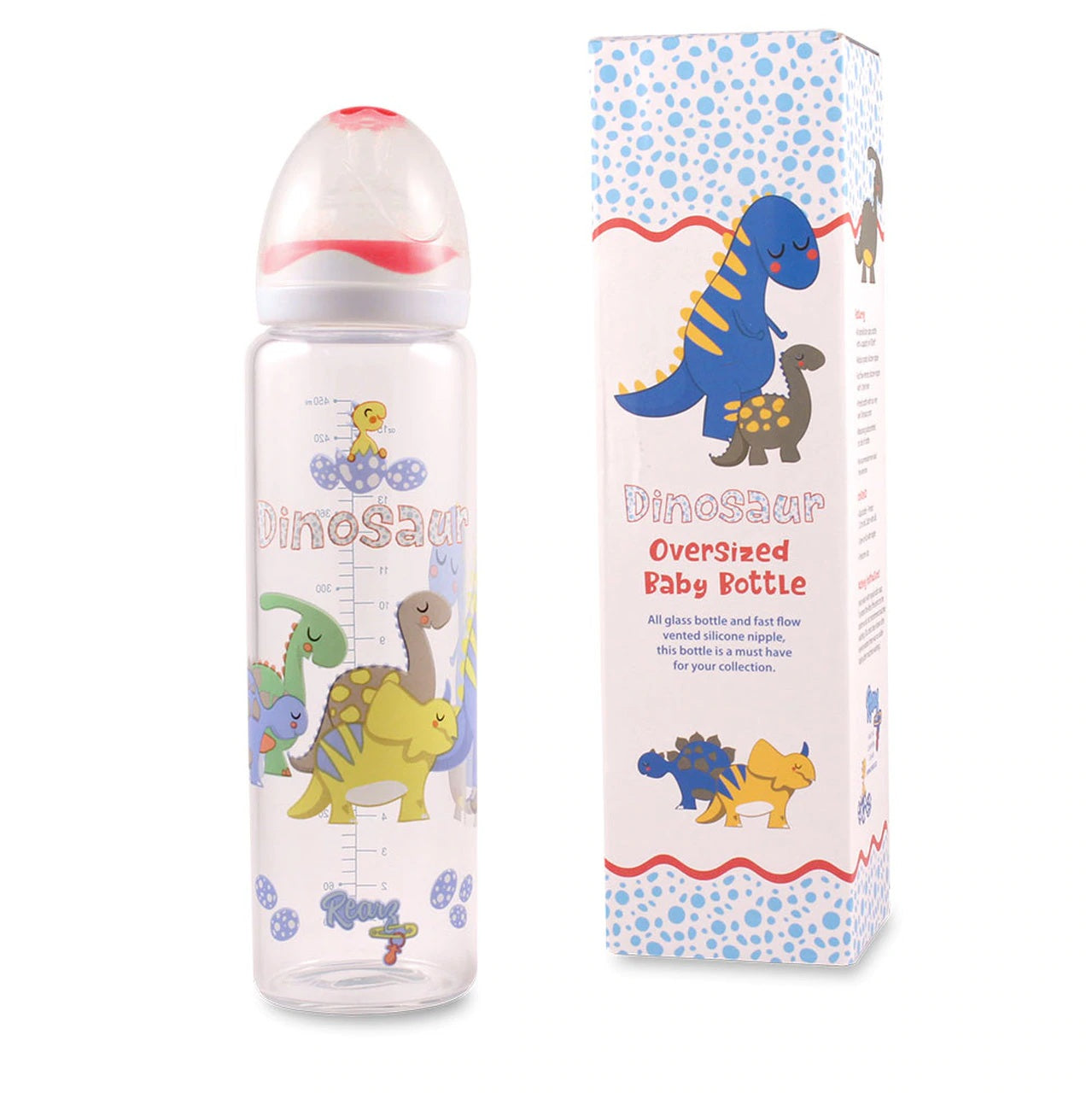 Glass Dinosaur Adult Baby Bottle sitting next to its box.