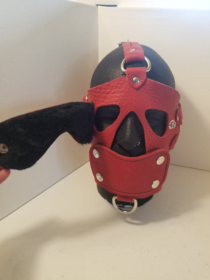 The red Bullhide Head Harness, fleece blindfold detail.