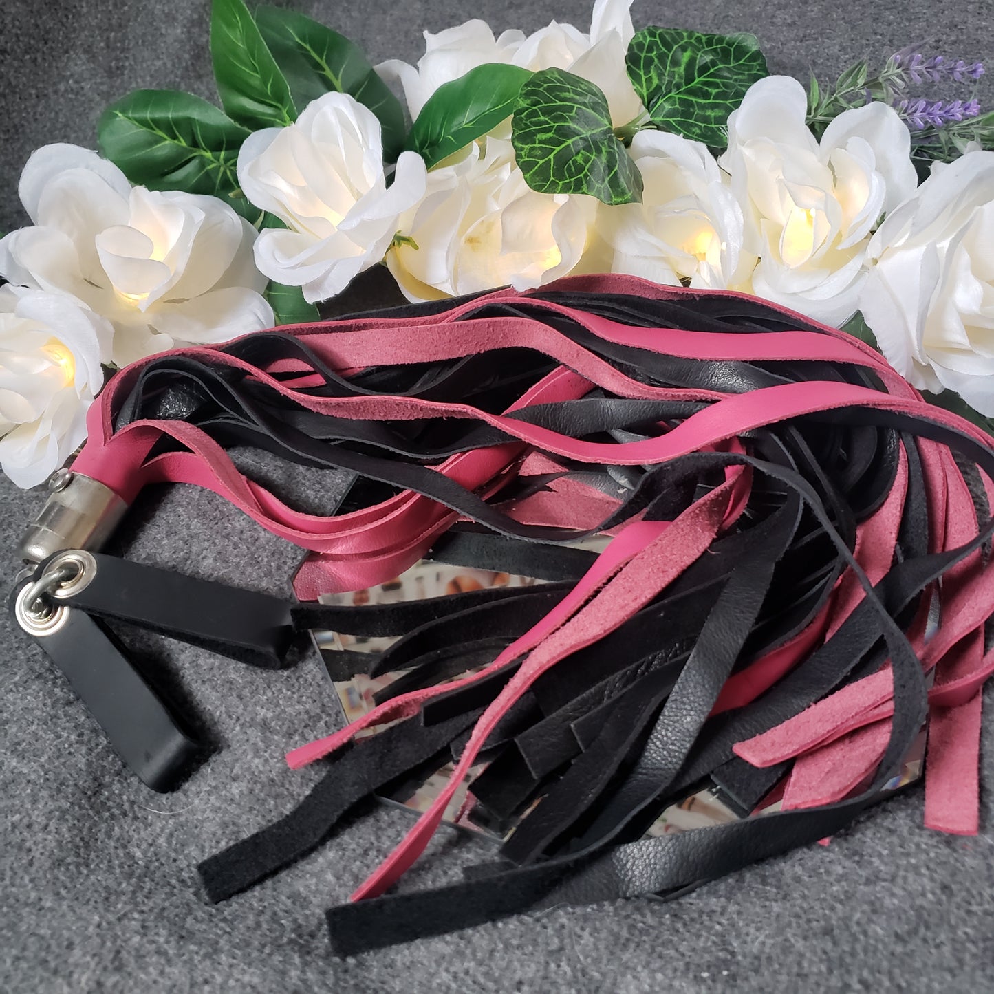 Combo sensation finger loop flogger leather rubber pink black