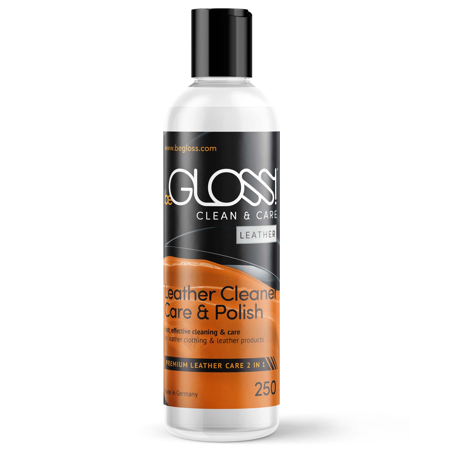 beGLOSS Leather 250ml bottle front.