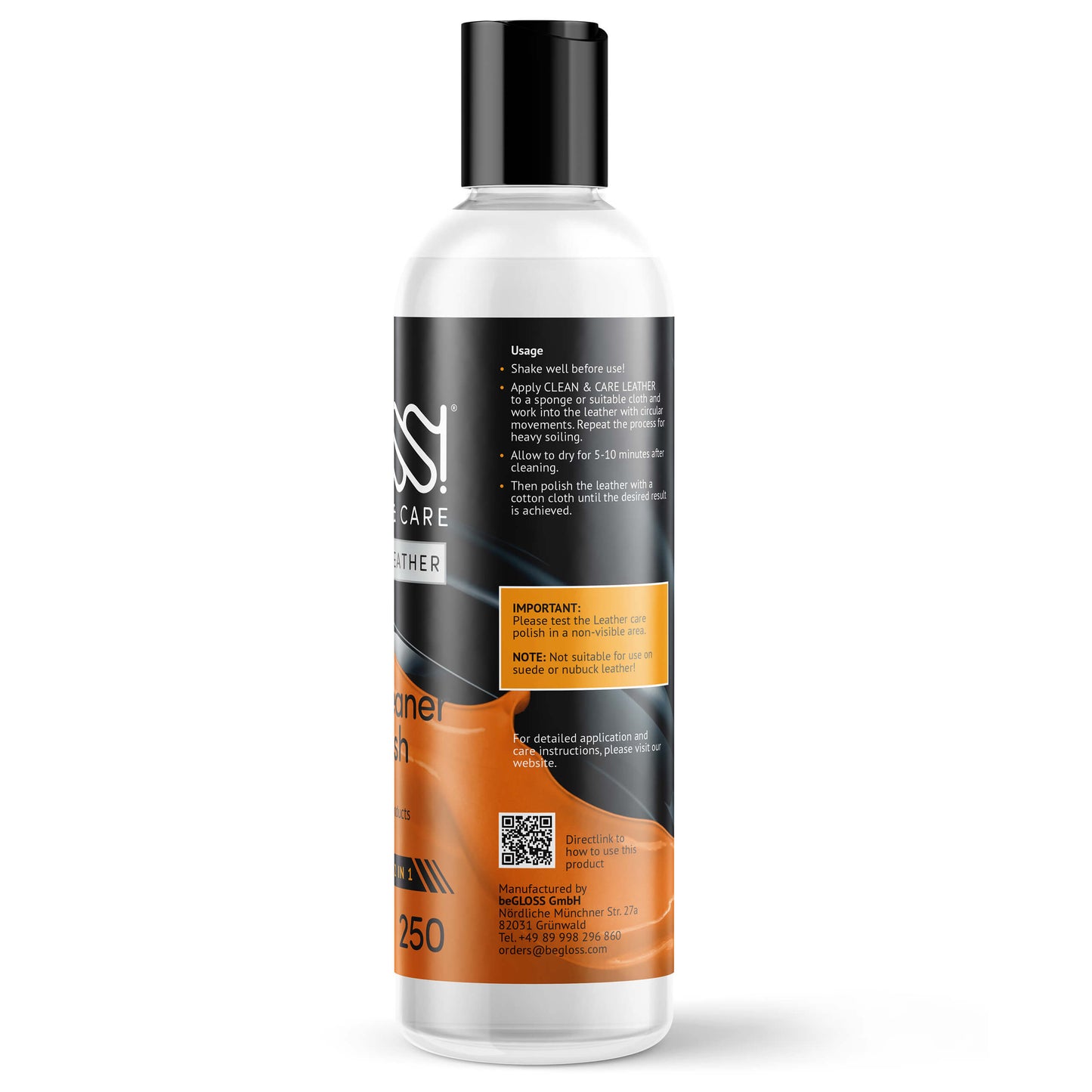 beGLOSS Leather 250ml bottle side.