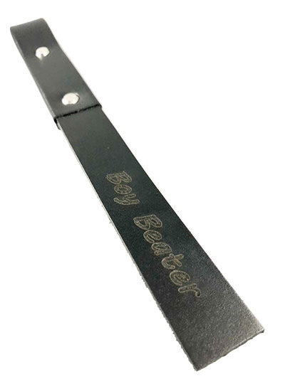 1 inch black leather slapper with the words boy beater printed on the body.