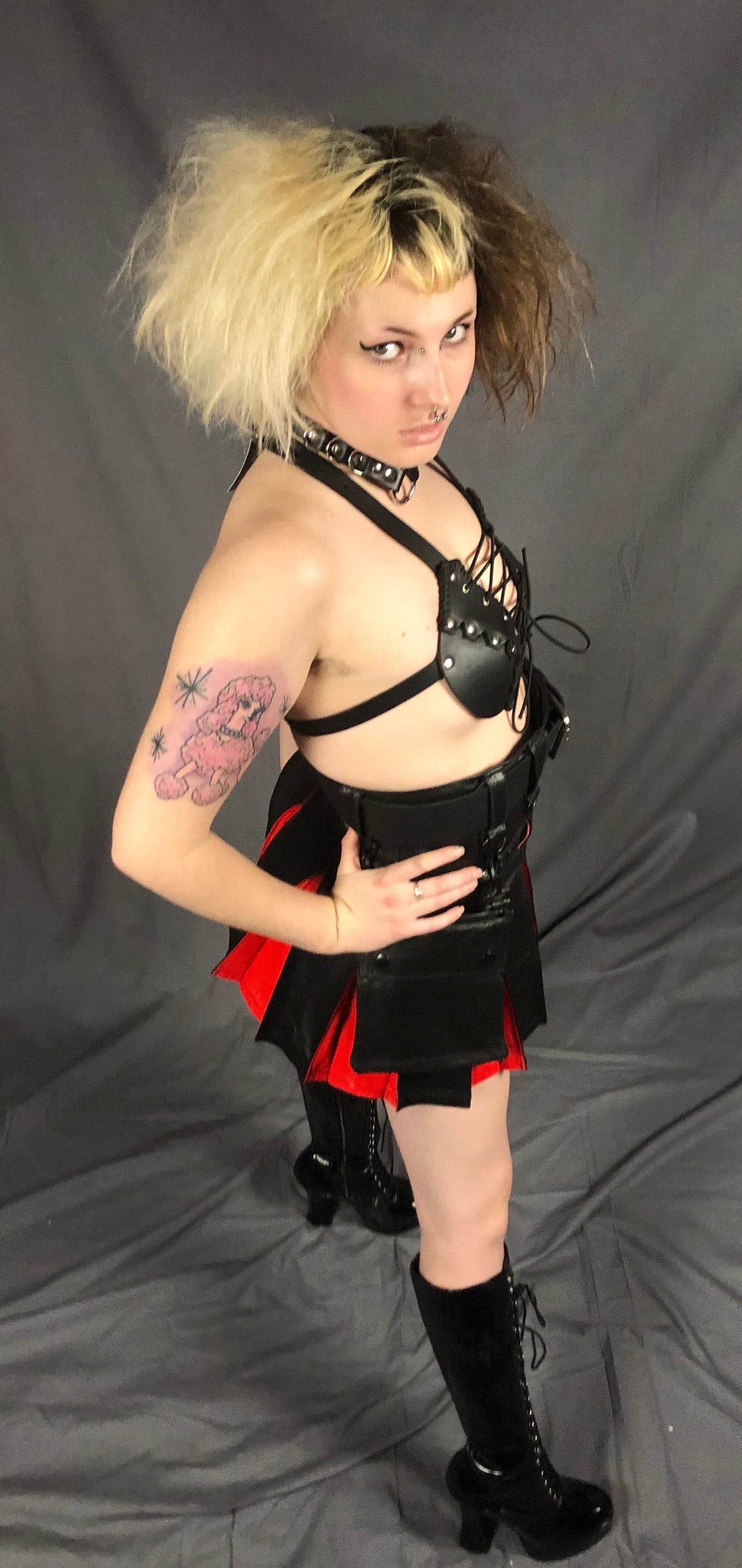 Black and Red Mini Cowhide Contrast Pleat Kilt, right side view.