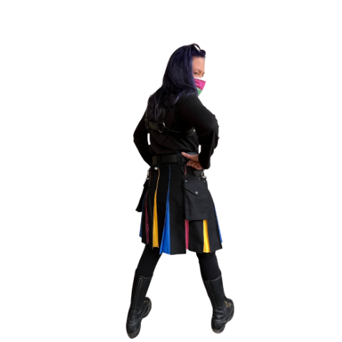 Back of model wearing Pansexual Pride Flag Heritage Kilt.