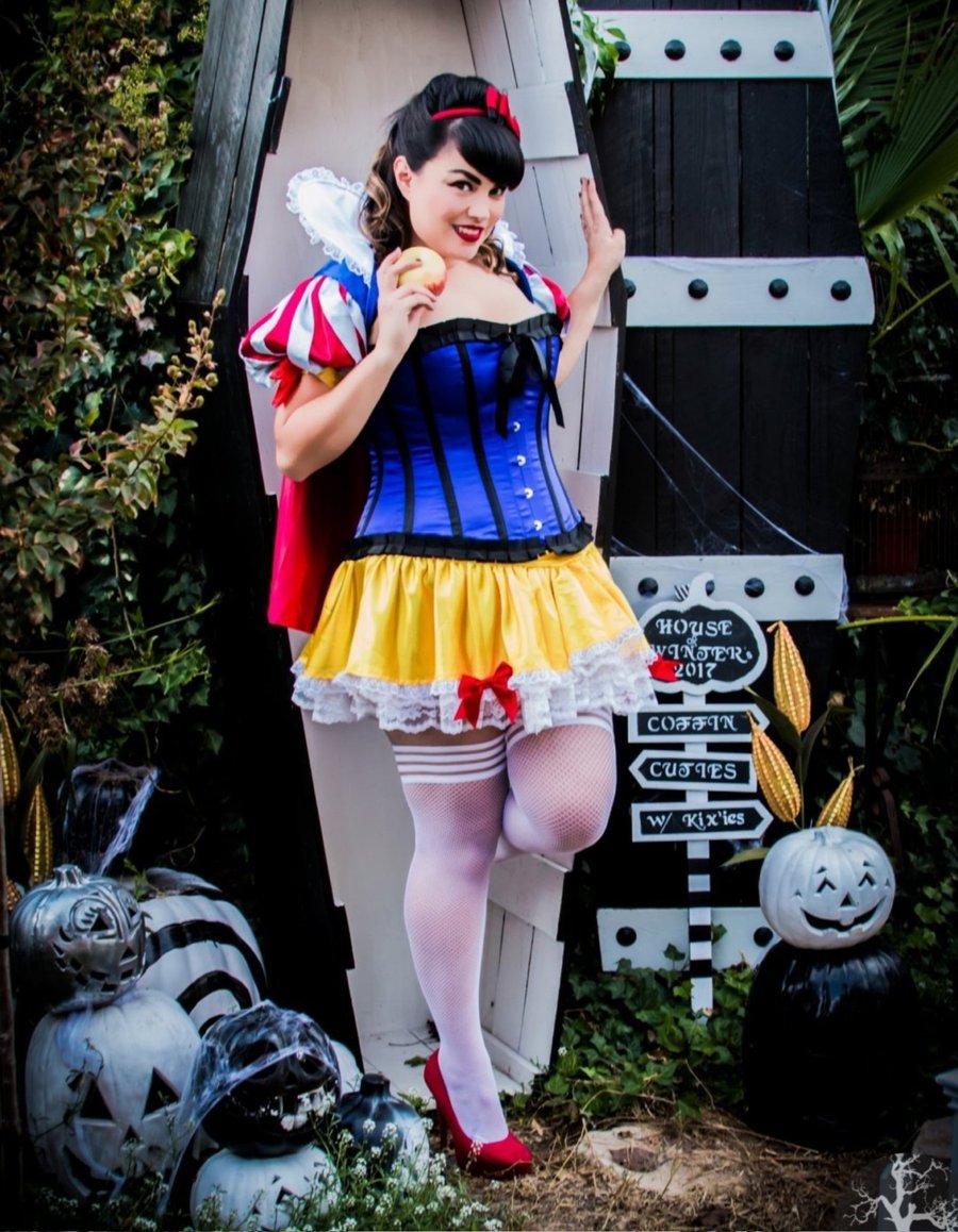 Sammy White Fishnet Thigh Highs on standing model in Snow White costume.