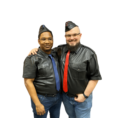 2 models wearing the blue piping and red piping leather garrison cap