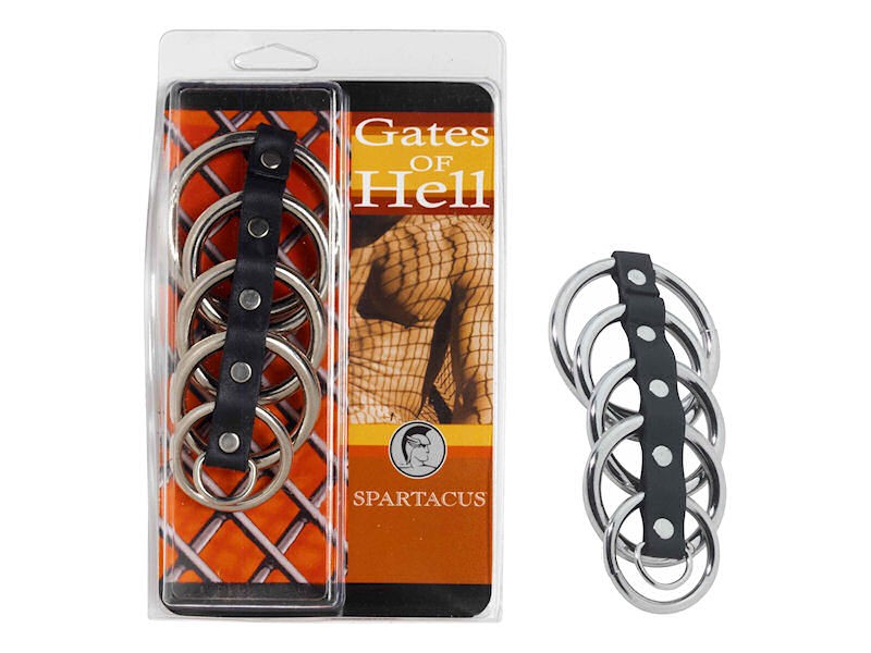 The 5 Ring Gates of Hell Cock Cage next to its packaging.
