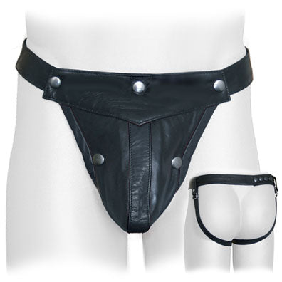 Black Leather Cod-front Jock with Adjustable Straps.