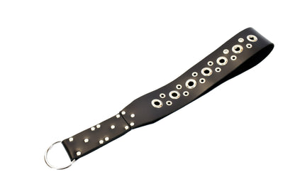 Big leather slapper strap with tentacle detailing laid out flat against white background.