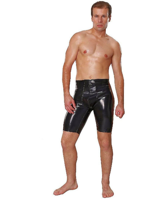 Model showing the front of black Datex Masculine knee shorts.