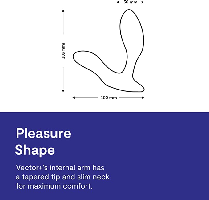 A diagram showing the size dimensions for the We-Vibe Vector+ Prostate Stimulator.