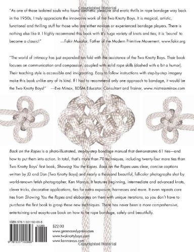 The back cover of The cover of 2 Knotty Boys Back On Ropes. Text covers the entire back of the book and there are three decorative rope knots across the center.