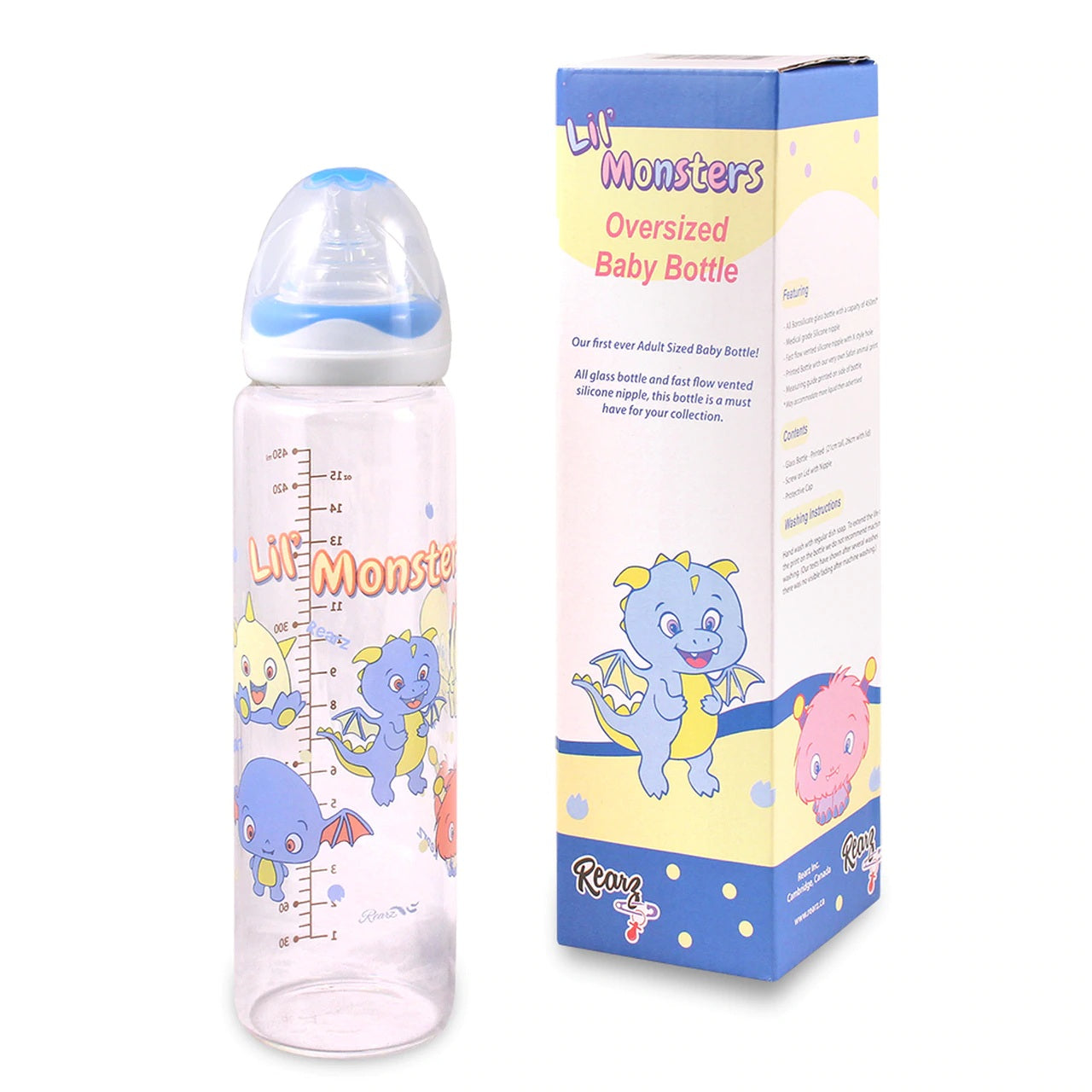 Glass Lil' Monsters Adult Baby Bottle sitting next to its box.