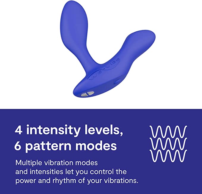A diagram showing the 4 intensity levels and 6 pattern modes of the We-Vibe Vector+ Prostate Stimulator.