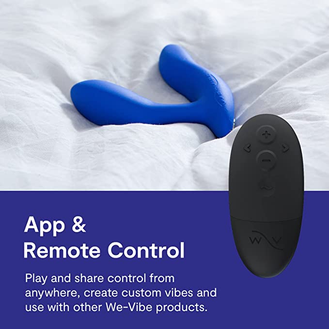 The royal blue We-Vibe Vector+ Prostate Stimulator and its remote control.