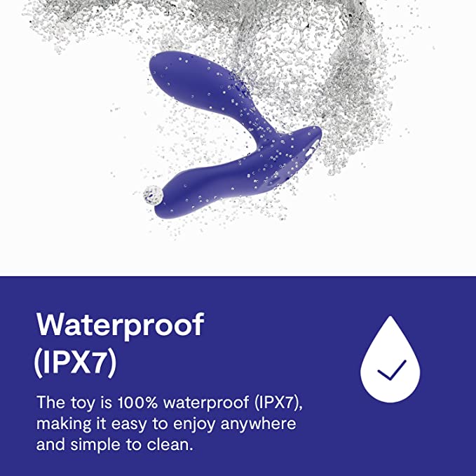 The royal blue We-Vibe Vector+ Prostate Stimulator submerged in water to show that it is waterproof.