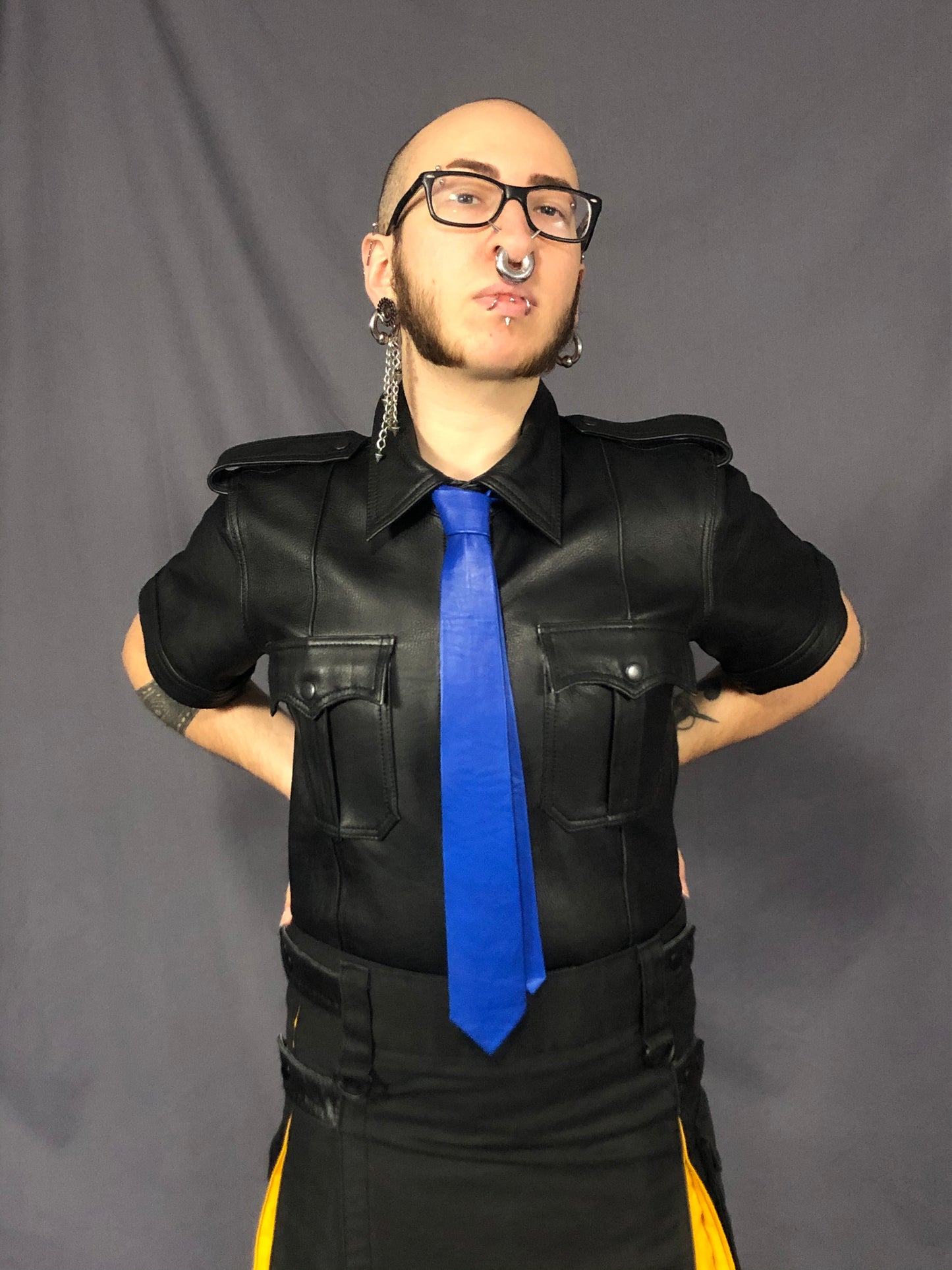 Blue leather necktie.