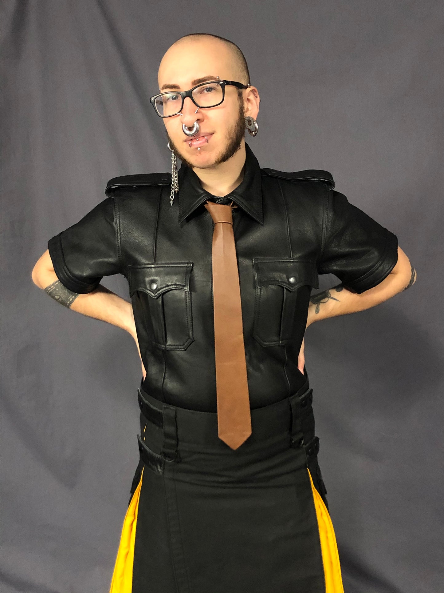 Brown leather necktie.
