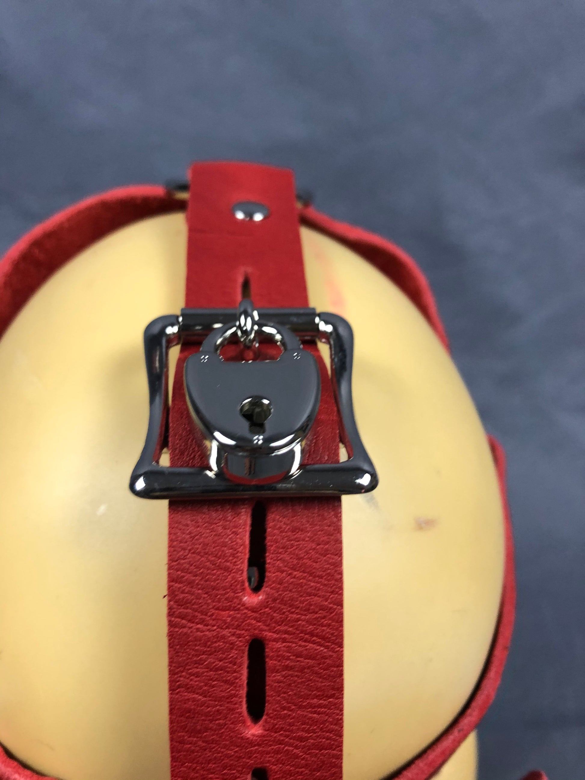 Top of red bullhide head harness with lock on.