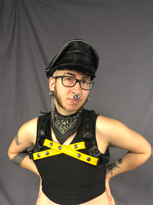 Front view of black/grey prowler leather military cap.