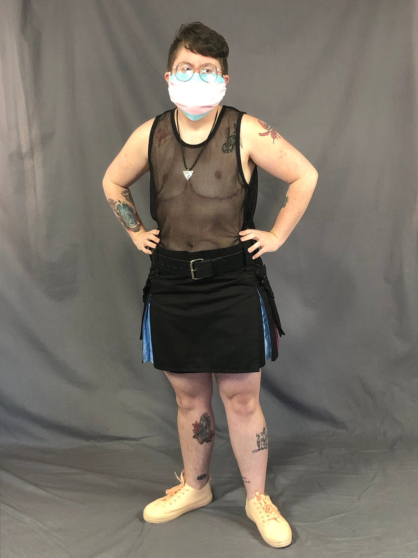 Full front of trans pride heritage kilt