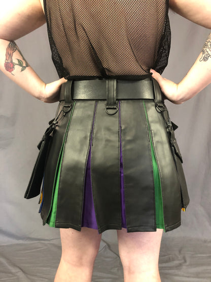 Close up of the back of the vinyl pride flag heritage kilt.